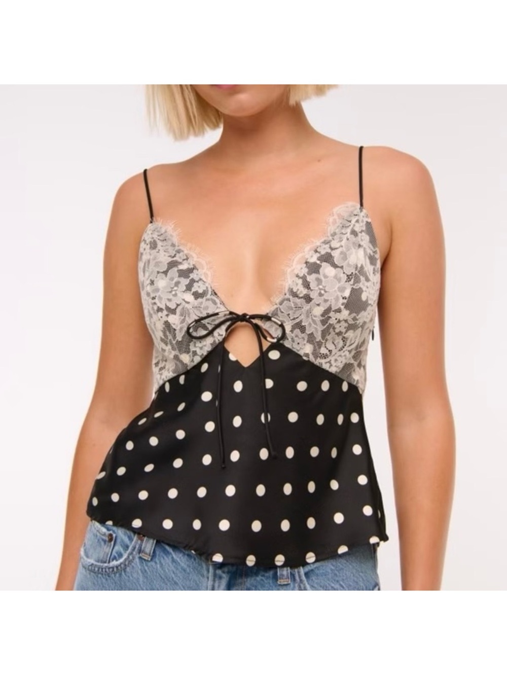 NWT Abercrombie & Fitch Black Polka Dot Satin Cami Tank w/ Lace, Size XL